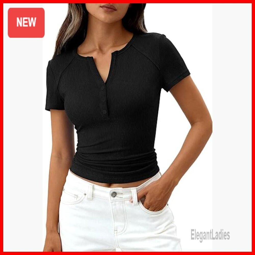 Short Sleeve Ribbed Henley Top Slim Fit V-Neck Button Up Shirt